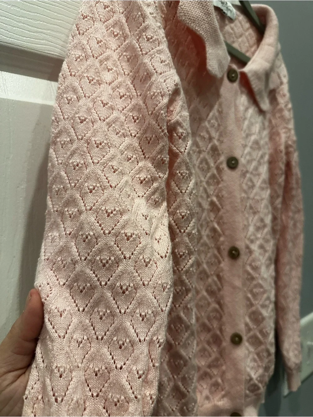 Pink Pointelle Knit Button-Front Sweater with Scalloped Peter Pan Collar